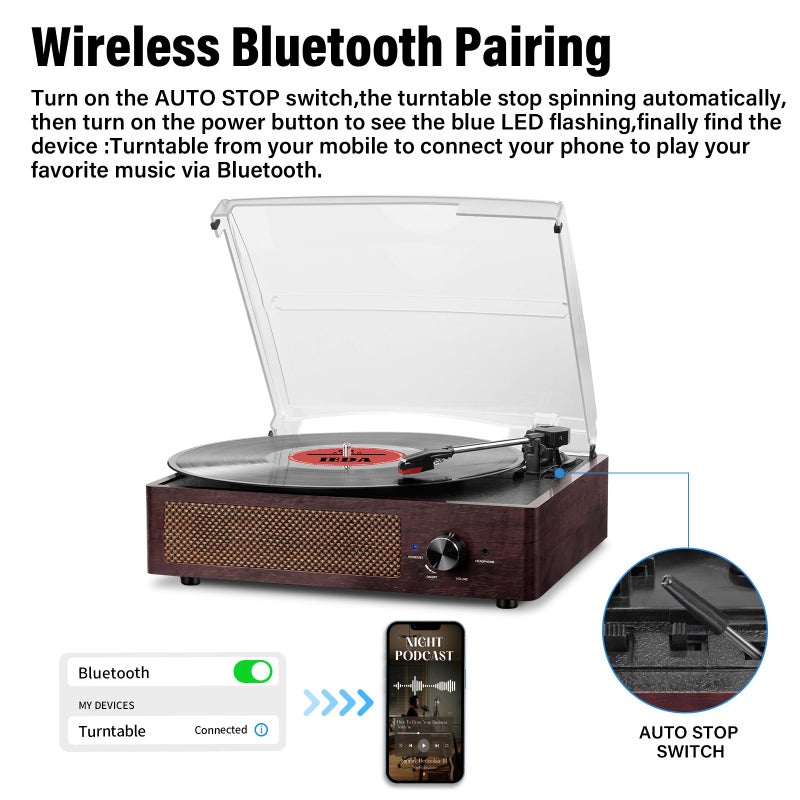 cotsoco Vinyl Record Player Turntable with Built-in Bluetooth Receiver & 2 Stereo Speakers, 3 Speed 3 Size Portable Retro Record Player for Entertainment and Home Decoration - Image 3